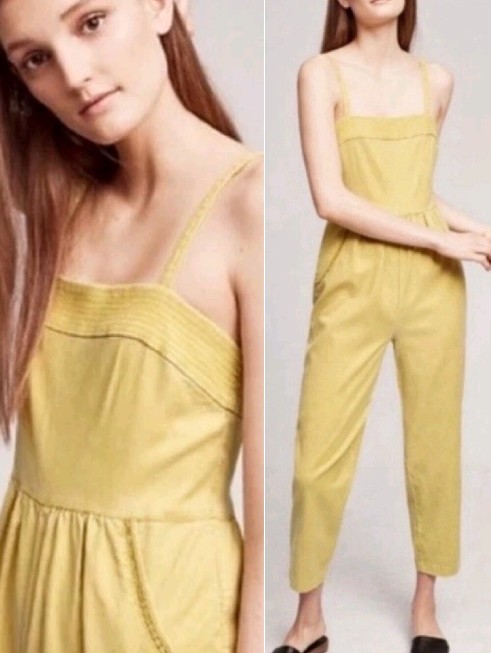 Anthropologie Postmark Yellow Cotton Linen Apron Boho Jumpsuit Medium Cropped